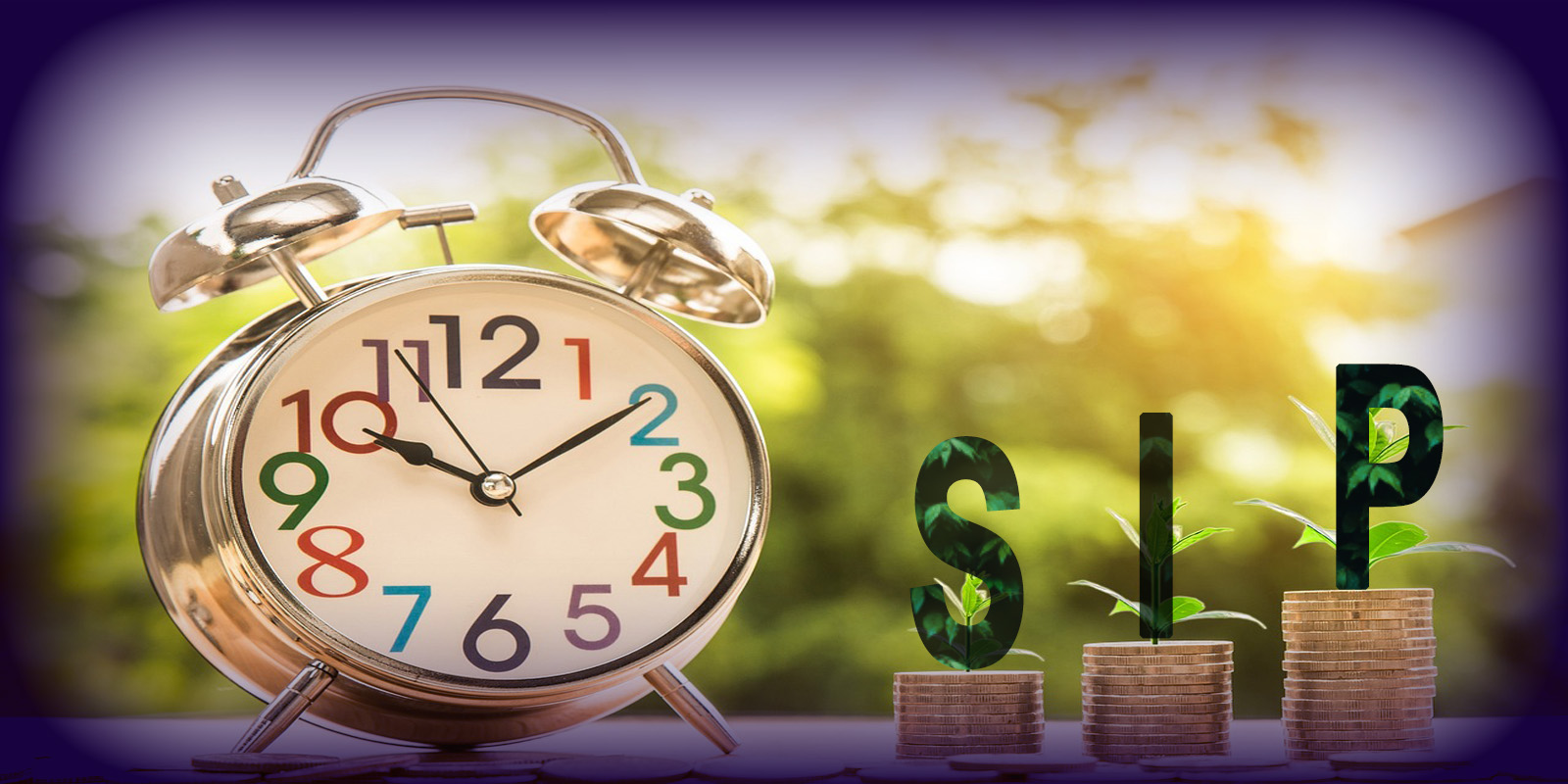 Clock with coins arranged in three lines representing systematic investment planning (SIP) and financial growth.