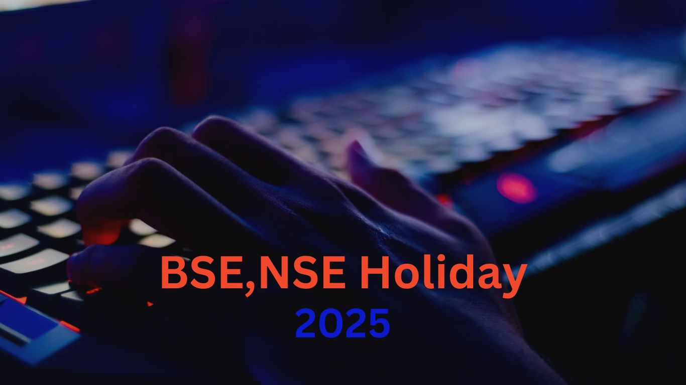 Close-up of a hand on a keyboard with glowing red and blue backlighting, highlighting a tech-inspired design with the text 'BSE, NSE Holiday 2025' in bold red and blue font.